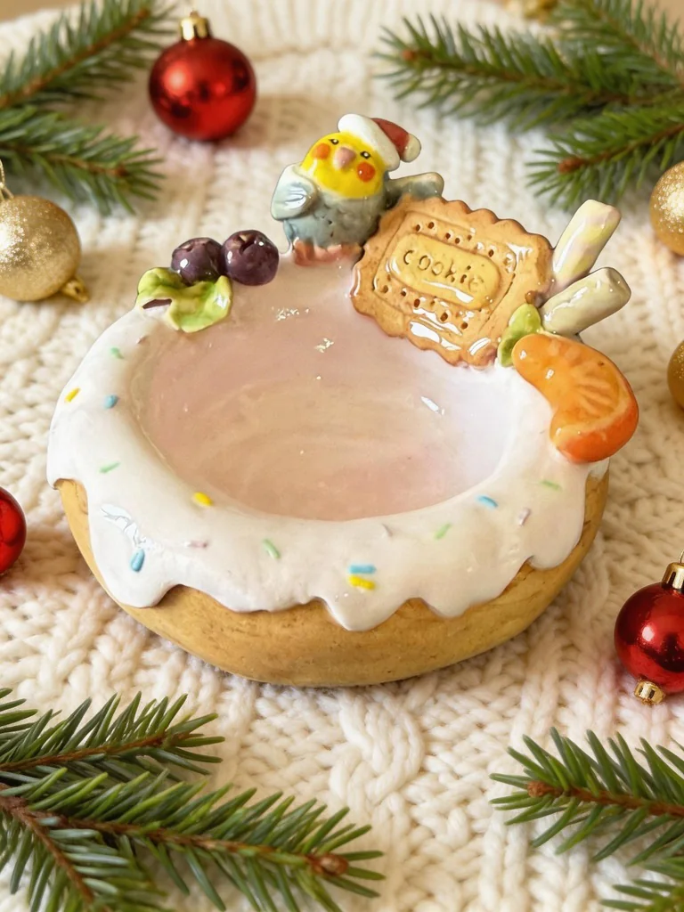 Christmas Cookie Bowl handmade ceramic parrot bowl with Santa-hatted bird and gingerbread cookie