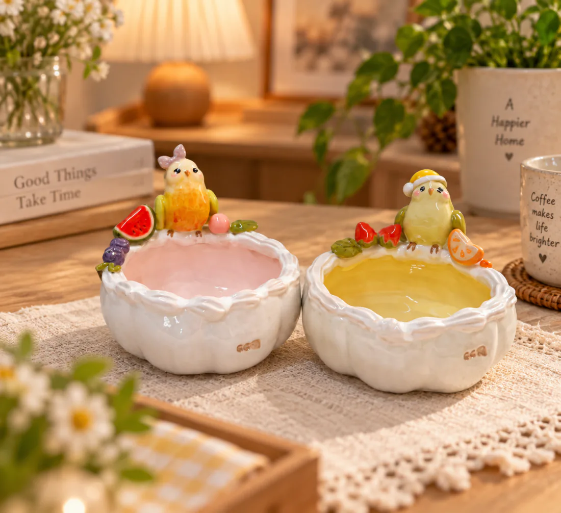 Fruit Bird Bowl — handmade ceramic parrot bowl with beret and bow birds, watermelon and grape glaze